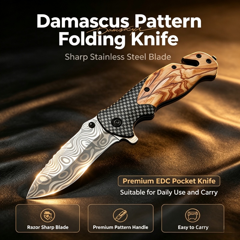 Damascus Pattern Folding Knife - đánh giá và giá Edc Carry Pocket Knife